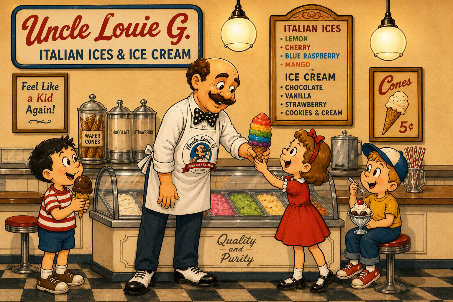 Uncle Louie G serving kids inside the shop