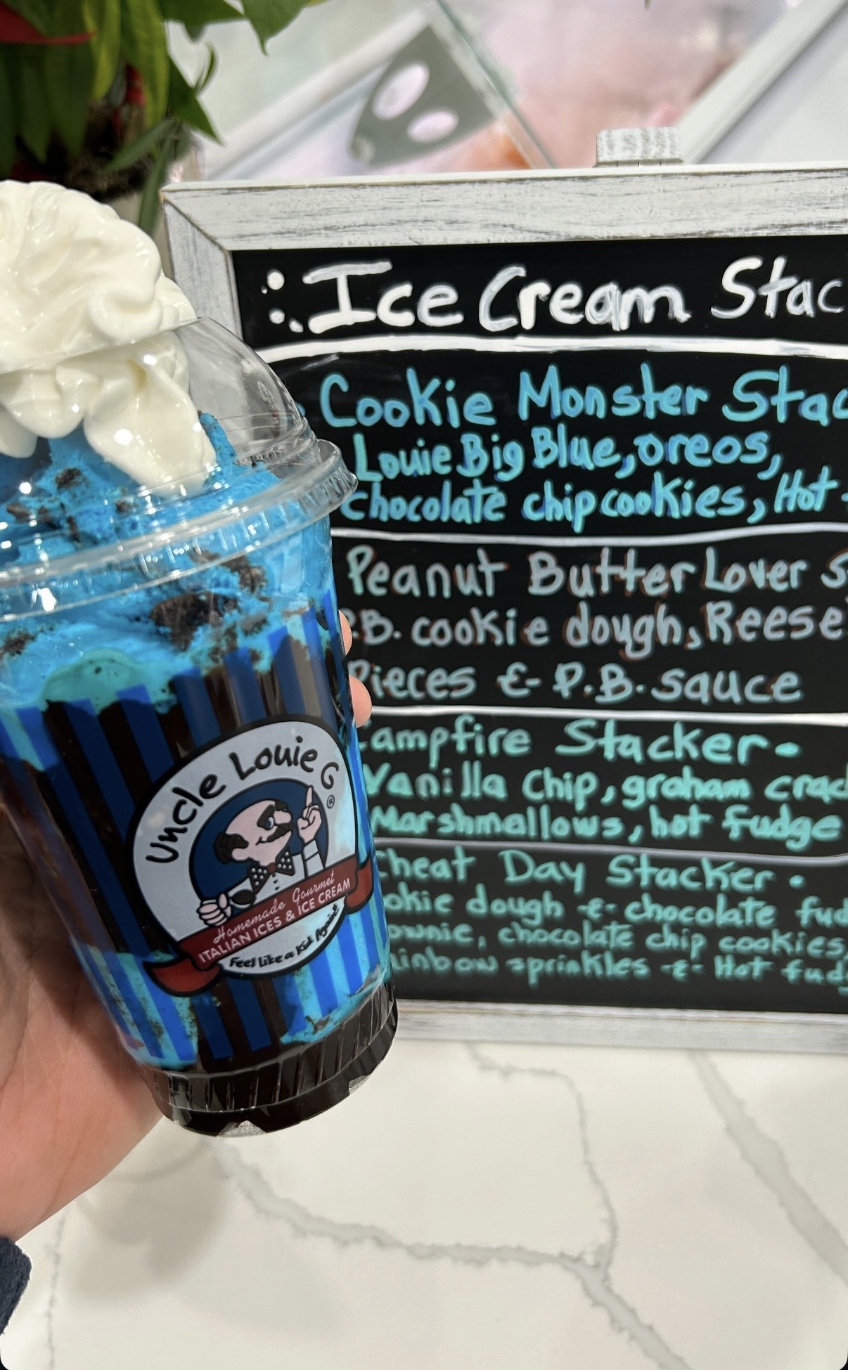 Uncle Louie G's Cookie Monster Stacker with whipped cream