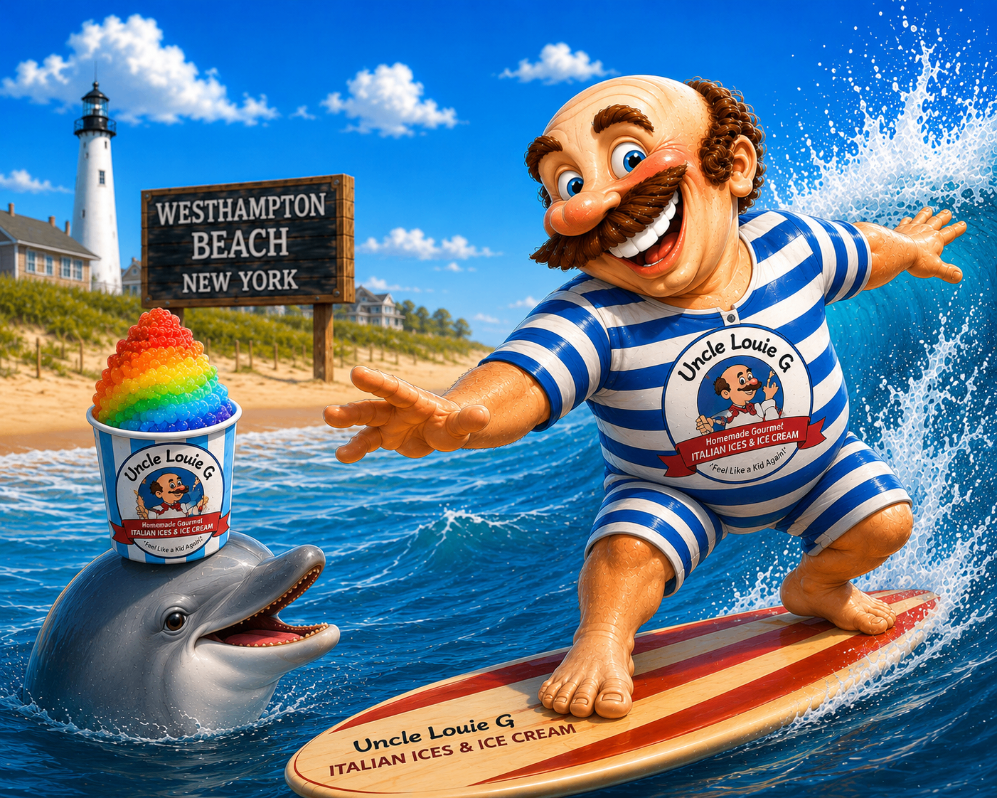 Uncle Louie G surfing a wave in Westhampton Beach